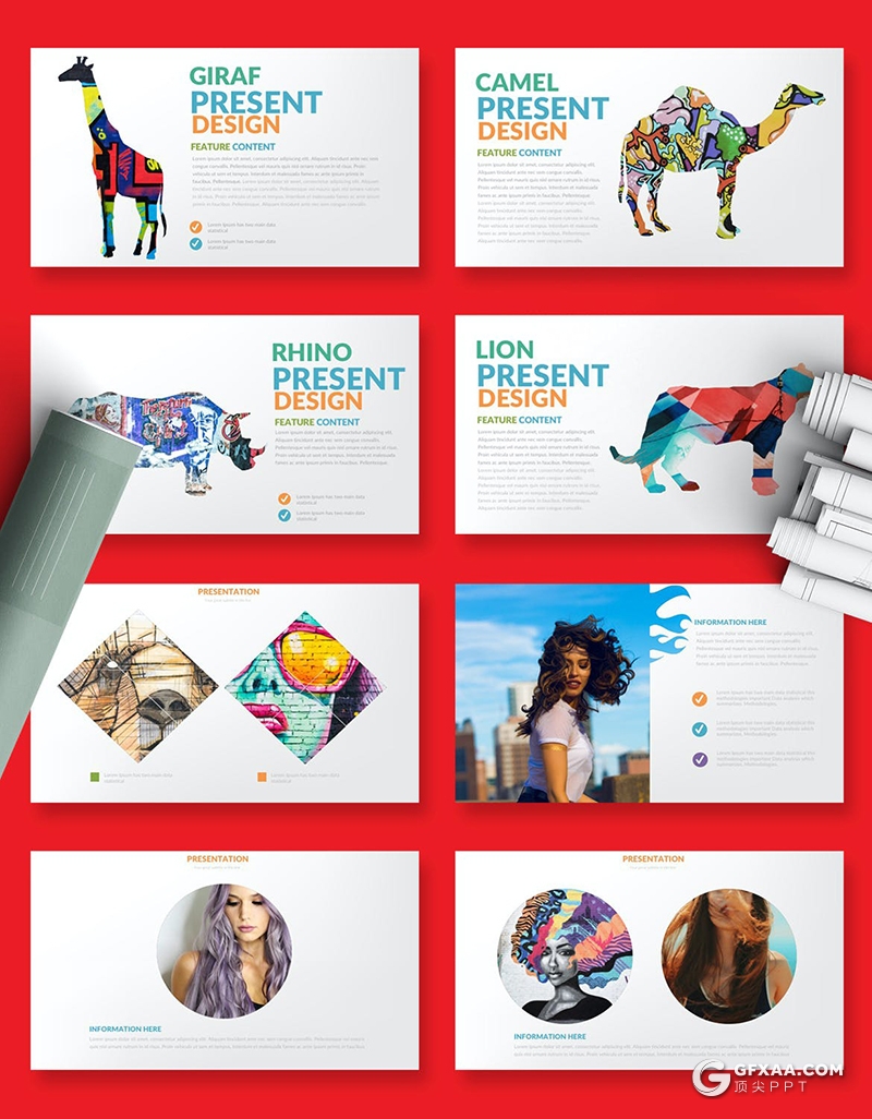 38页创意动物剪影图片占位符图文搭配设计PPT模板 - 顶尖PPT