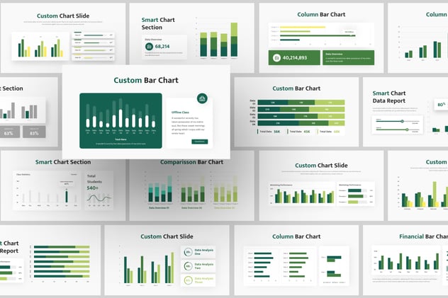 多种样式绿色条形图形数据展示PPT模板 - 顶尖PPT