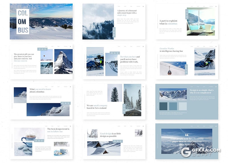 30页简约干净风格摄影美图景点介绍展示Google slides模板5种主题配色 - 顶尖PPT