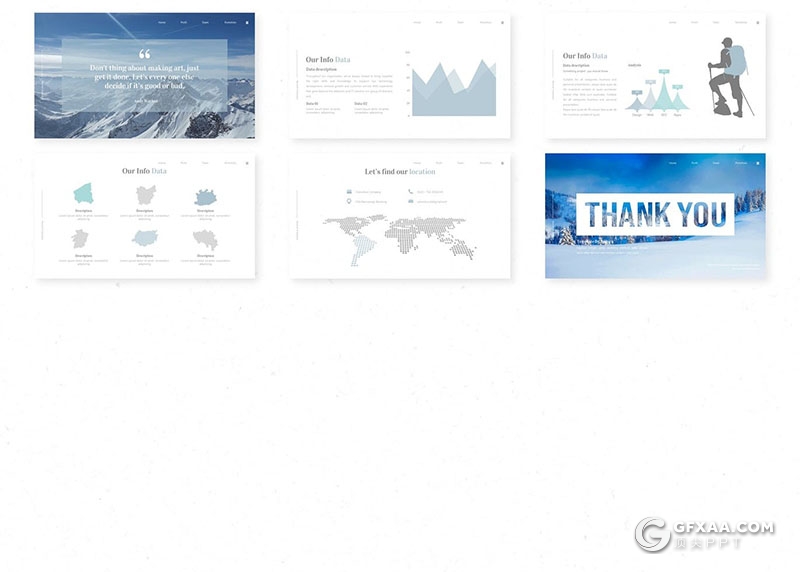 30页简约干净风格摄影美图景点介绍展示Google slides模板5种主题配色 - 顶尖PPT