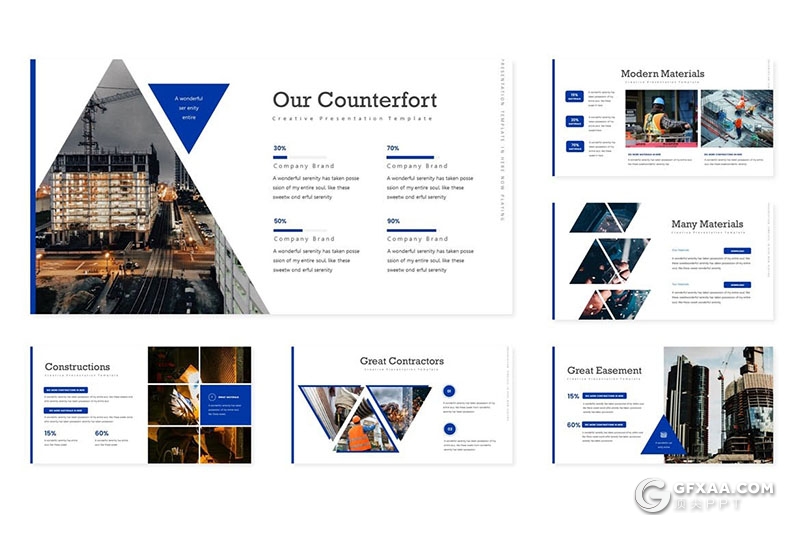 30页创意三角形版本设计企业介绍工程建筑多用途PPT模板5种主题配色 - 顶尖PPT