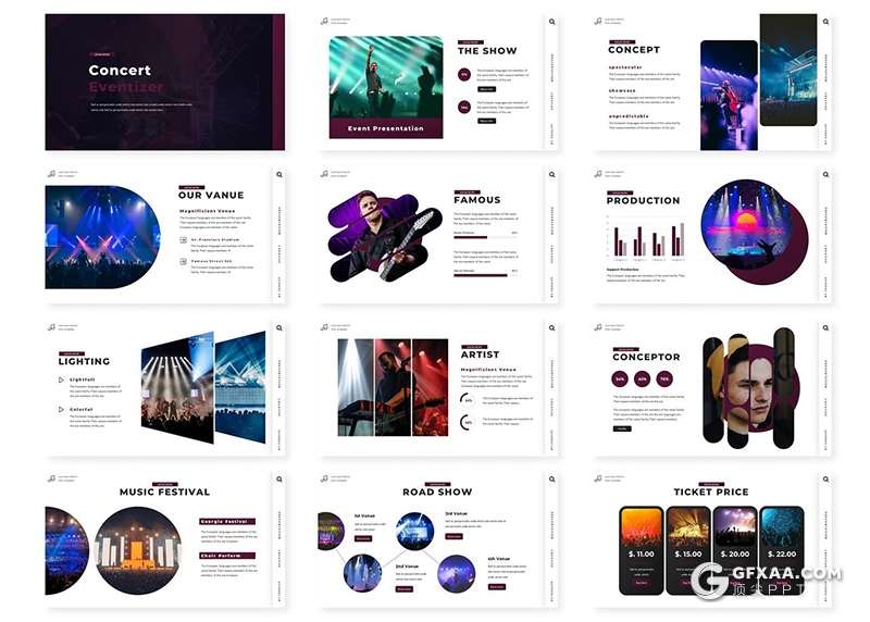 30页国外大型活动策划演唱会现场布置keynote模板5种主题配色 - 顶尖PPT