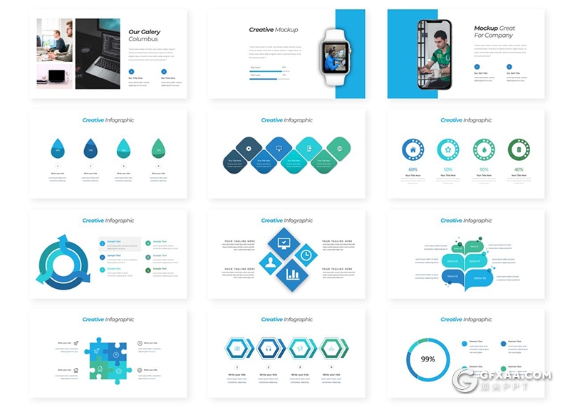 30页蓝绿配色商务风格企业介绍工作计划总结国外多用途ppt模板5种主题配色 - 顶尖PPT