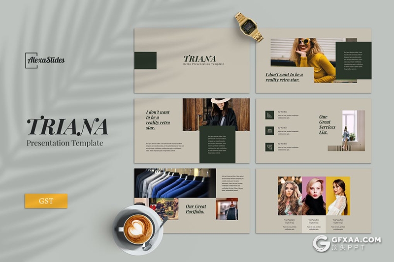30页复古文艺模特写真服装展示Google slides模板5种主题配色 - 顶尖PPT
