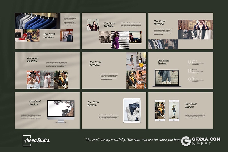 30页复古文艺模特写真服装展示Google slides模板5种主题配色 - 顶尖PPT