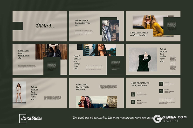30页复古文艺模特写真服装展示Google slides模板5种主题配色 - 顶尖PPT