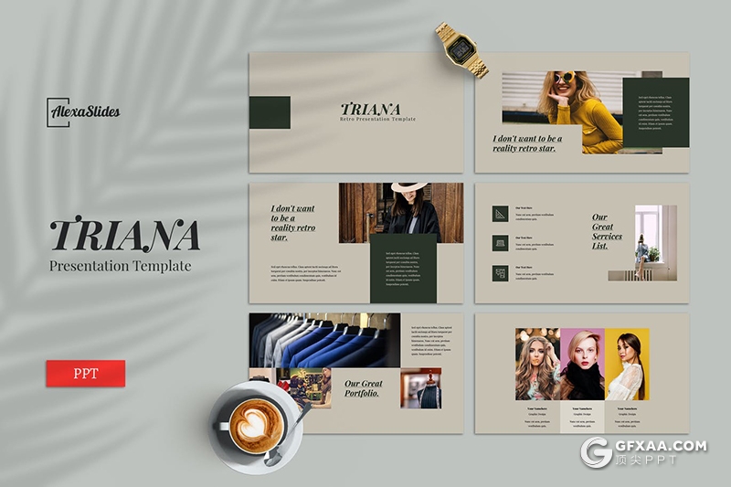30页复古文艺模特写真服装展示PPT模板5种主题配色 - 顶尖PPT
