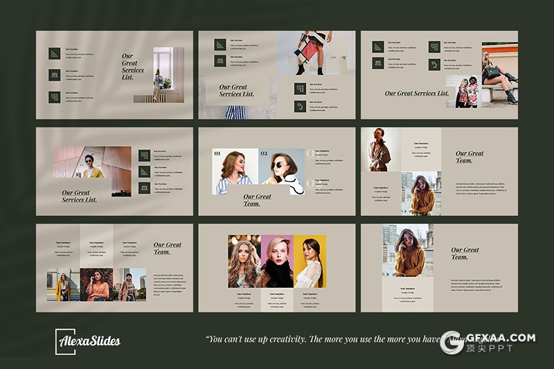 30页复古文艺模特写真服装展示Google slides模板5种主题配色 - 顶尖PPT