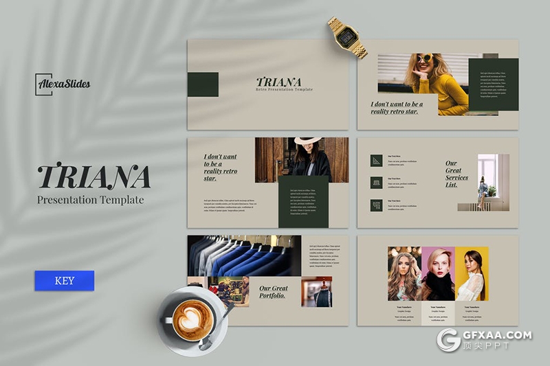 30页复古文艺模特写真服装展示keynote模板5种主题配色 - 顶尖PPT
