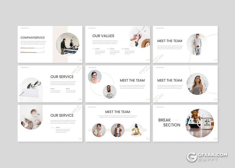 30页创意圆形版式设计国外极简商务风格PPT模板5种主题配色 - 顶尖PPT