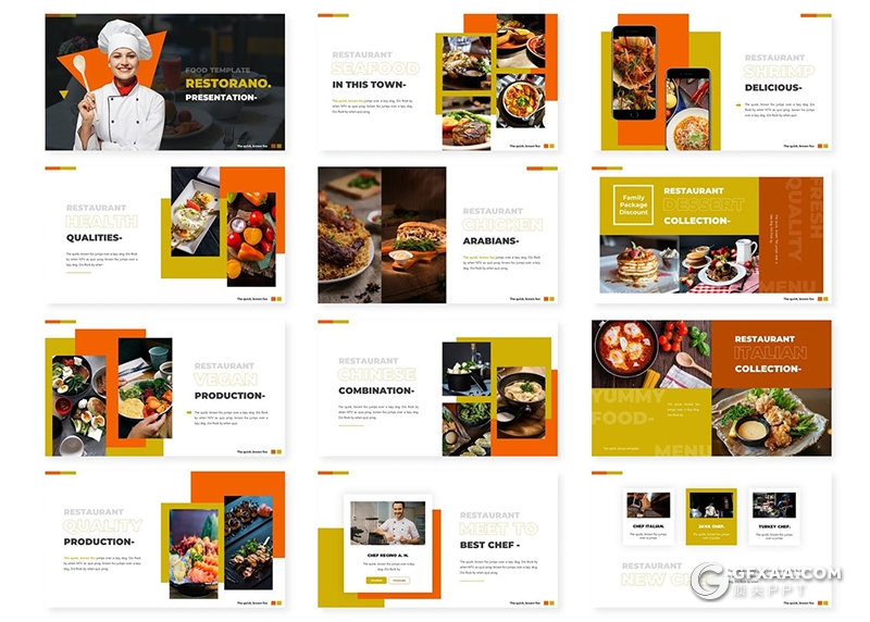 30页餐饮美食行业市场分析调研PPT,keynote,Google slides模板5种主题配色 - 顶尖PPT