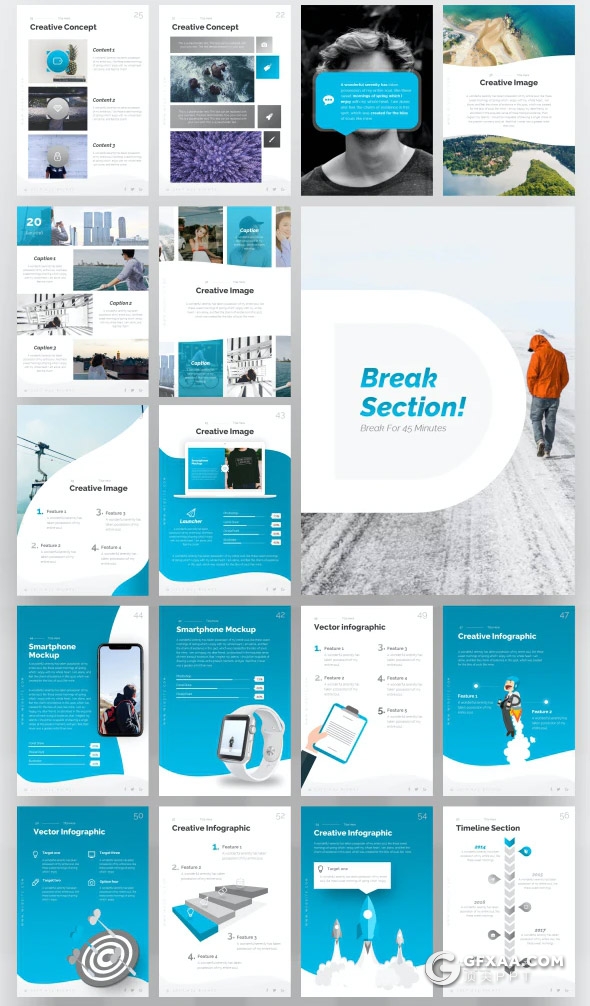 60页A4尺寸创意图形设计国外商务工作计划企业介绍多用途PPT模板11种主题配色 - 顶尖PPT