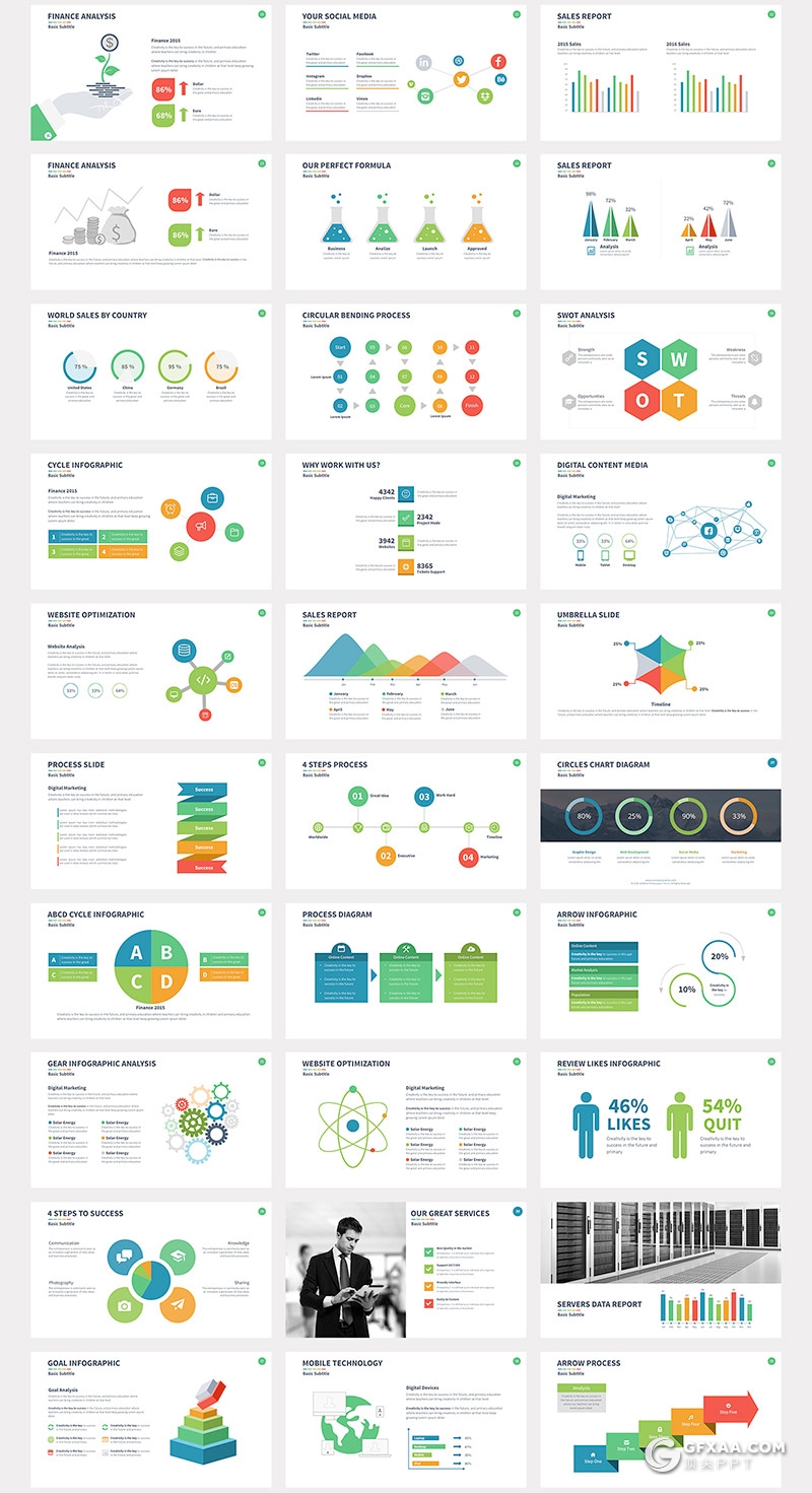 61页彩色国外扁平化商务风格年终工作汇报总结计划PPT模板 - 顶尖PPT