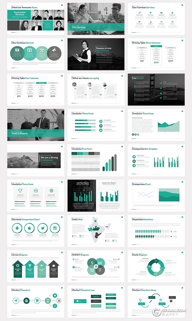 61页绿色扁平化商务团队介绍项目合作年终总结新年计划多用途国外PPT模板 - 顶尖PPT