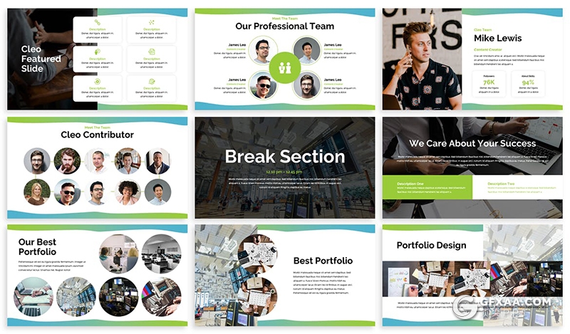 30页蓝绿渐变商务风格团队人员介绍展示PPT模板3种主题配色 - 顶尖PPT