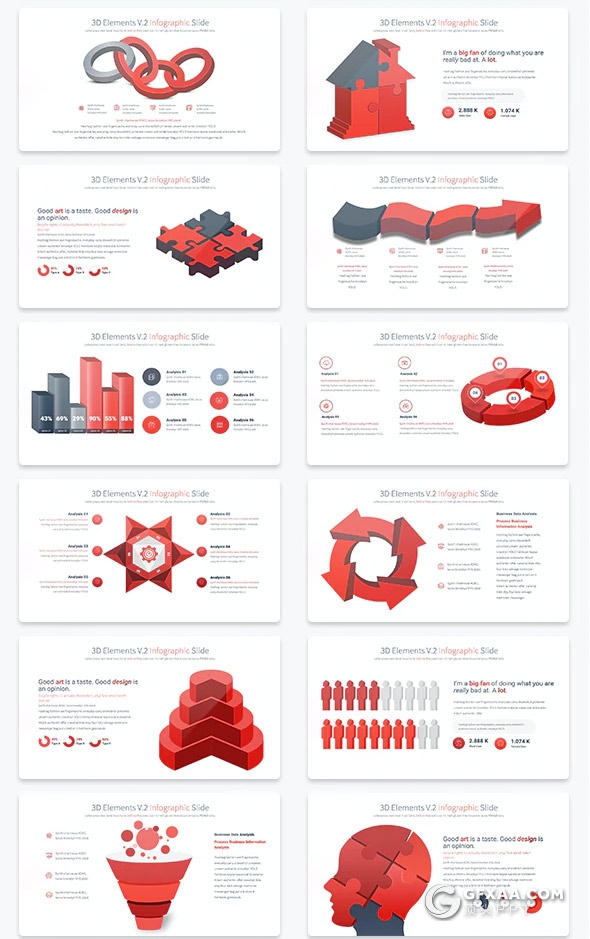 35页3D立体商务数据信息图形图表PPT模板11种主题配色 - 顶尖PPT