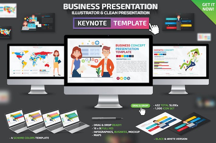 商业概念场景人物插画数据图形keynote模板 - 顶尖PPT