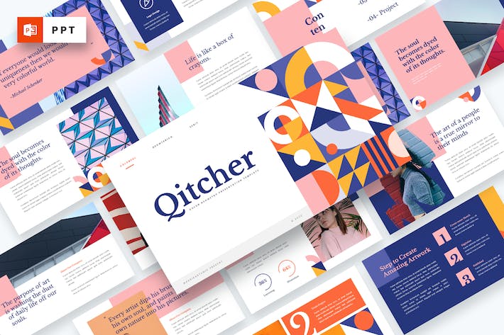 彩色几何图形设计商务汇报创意展示PPT模板 - 顶尖PPT