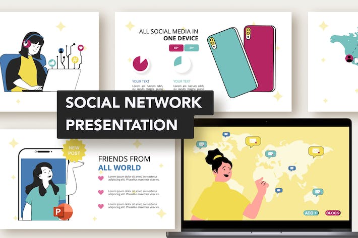 职场社交网络人物插画图解PPT模板 - 顶尖PPT