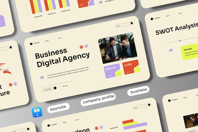 奶油色橙紫黄现代数字机构keynote模板 - 顶尖PPT