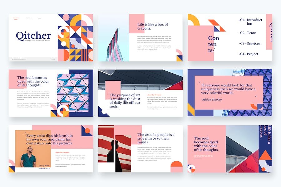 彩色几何图形设计商务汇报创意展示PPT模板 - 顶尖PPT