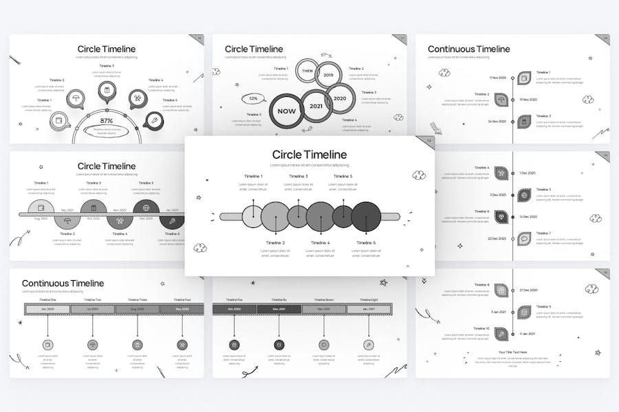 黑灰色涂鸦风项目时间表图形图表keynote模板 - 顶尖PPT