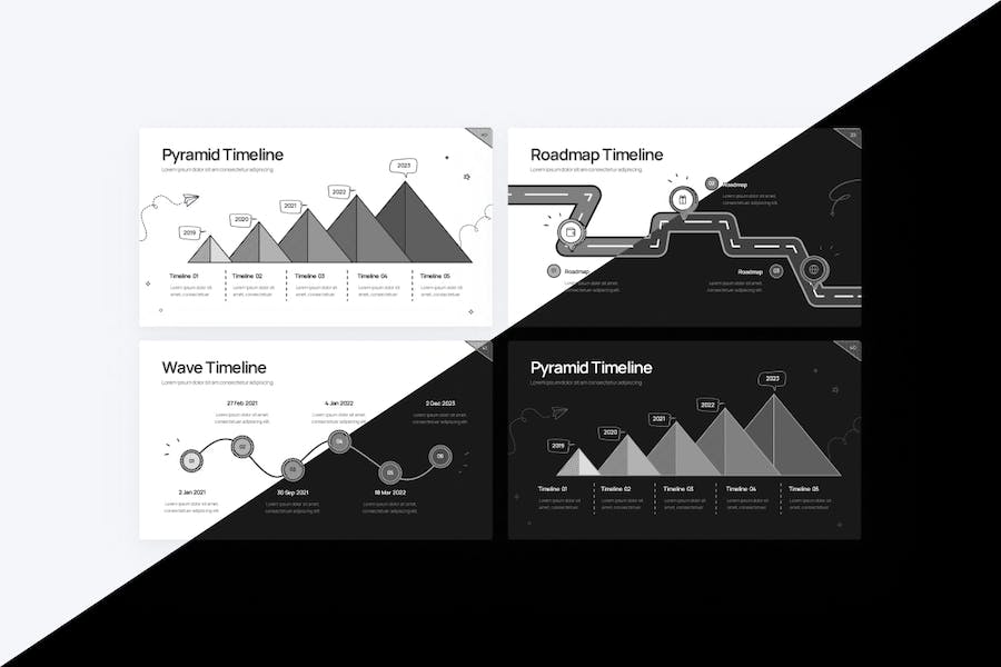 黑灰色涂鸦风项目时间表图形图表keynote模板 - 顶尖PPT