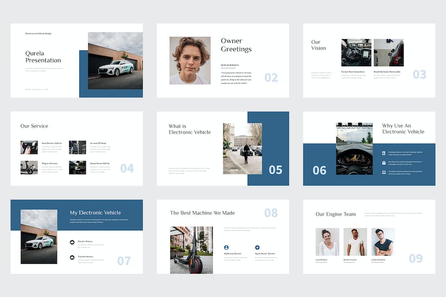 扁平化极简风格新能源电动汽车公司团队介绍PPT模板 - 顶尖PPT