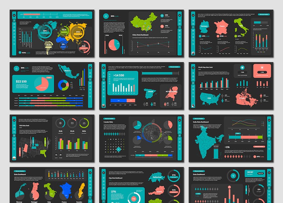 世界各个国家地图数据仪表板PPT模板 - 顶尖PPT