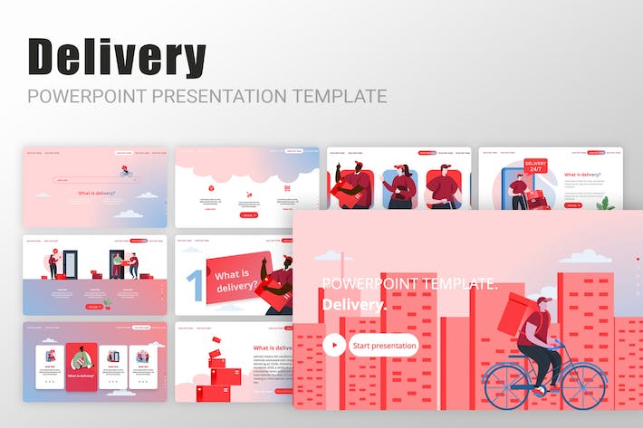 快递外卖行业数据分析人物场景矢量插画PPT模板 - 顶尖PPT