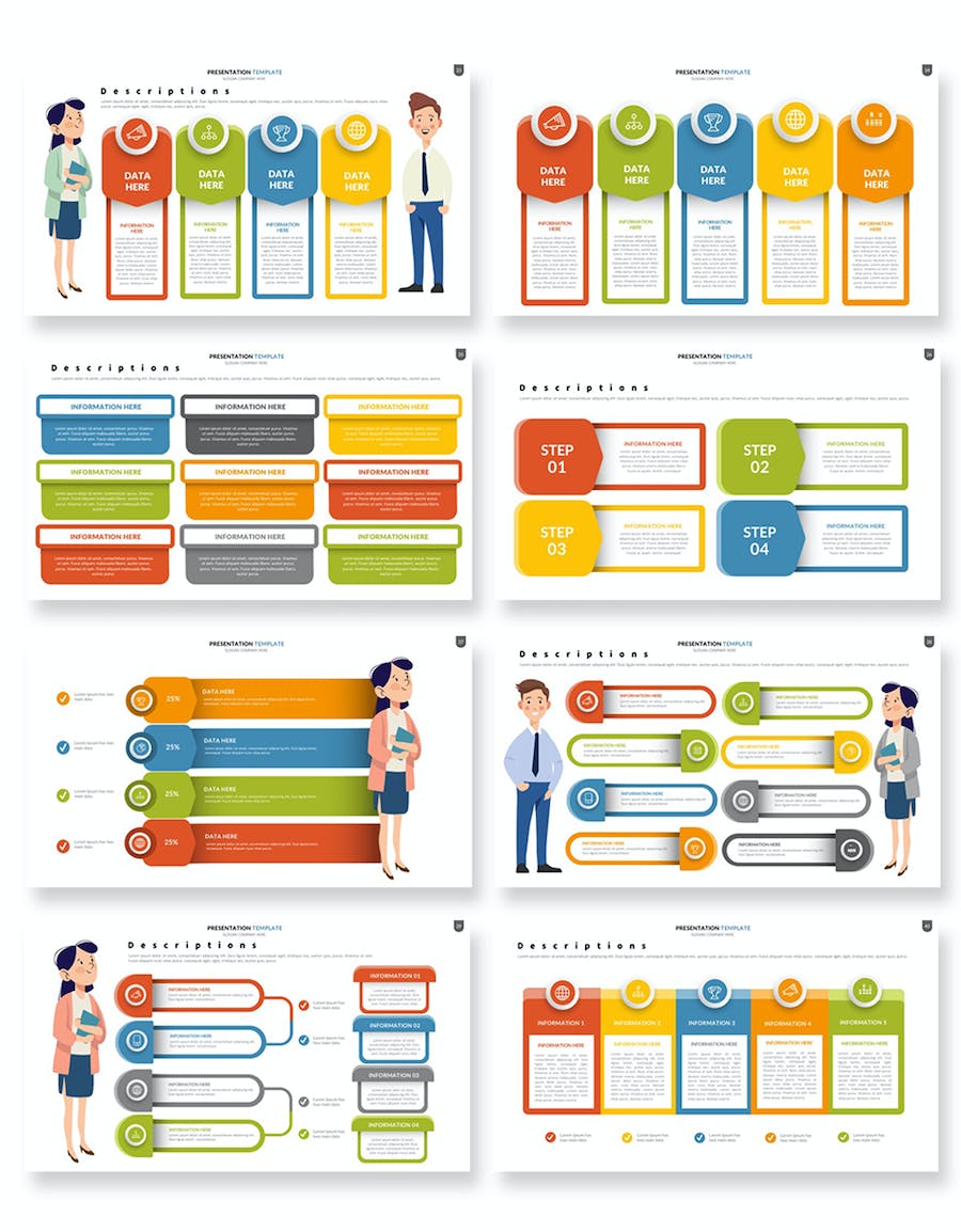 彩色人物插画要点信息项展示图形PPT模板 - 顶尖PPT