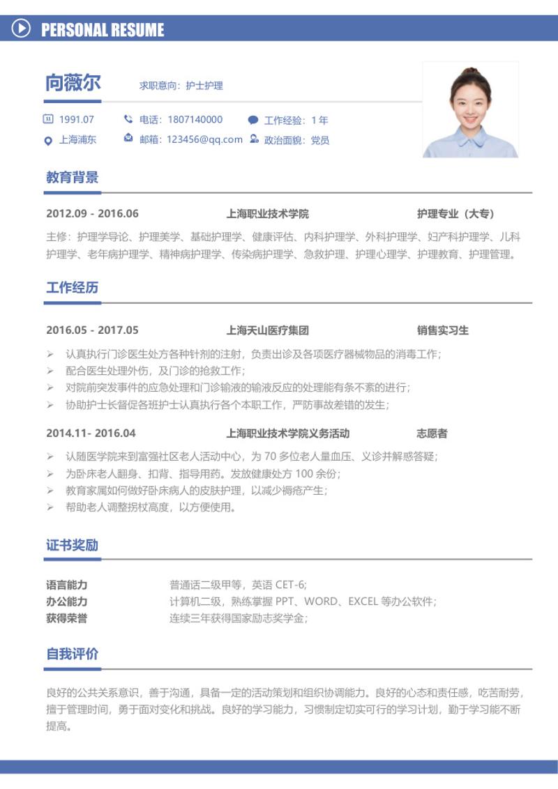 护士护理个人求职简历word模板 - 顶尖PPT