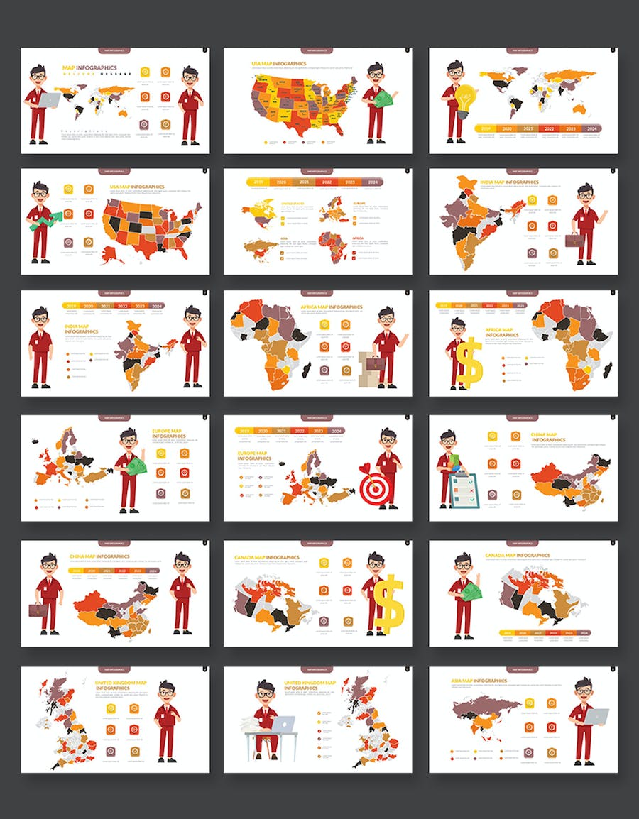 卡通人物介绍世界地图PPT全球各个国家地图及省份地图图形PPT模板 - 顶尖PPT