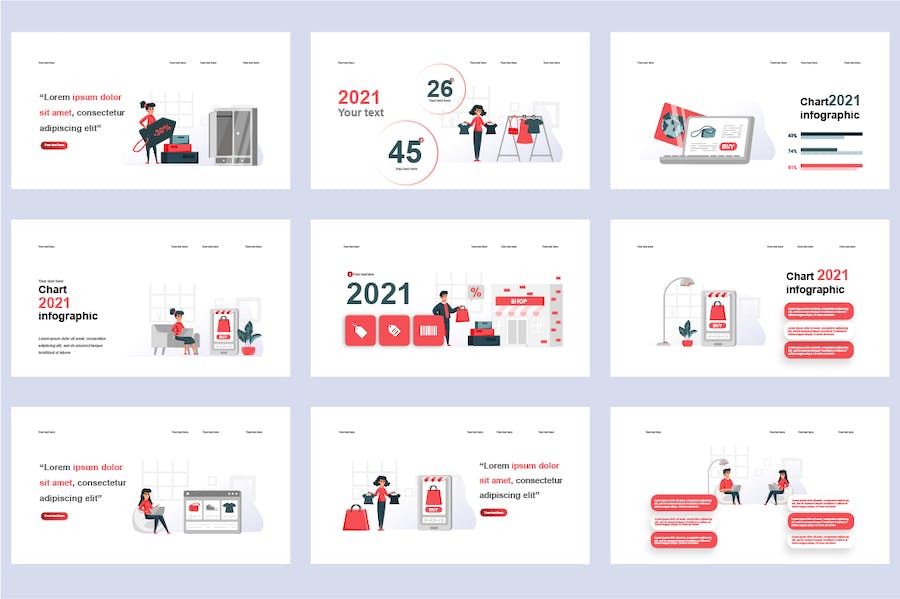 电商购物平台在线交易营销插画PPT模板 - 顶尖PPT