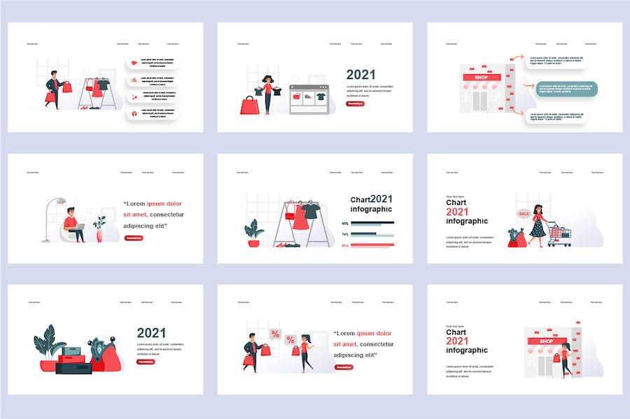 电商购物平台在线交易营销插画PPT模板 - 顶尖PPT