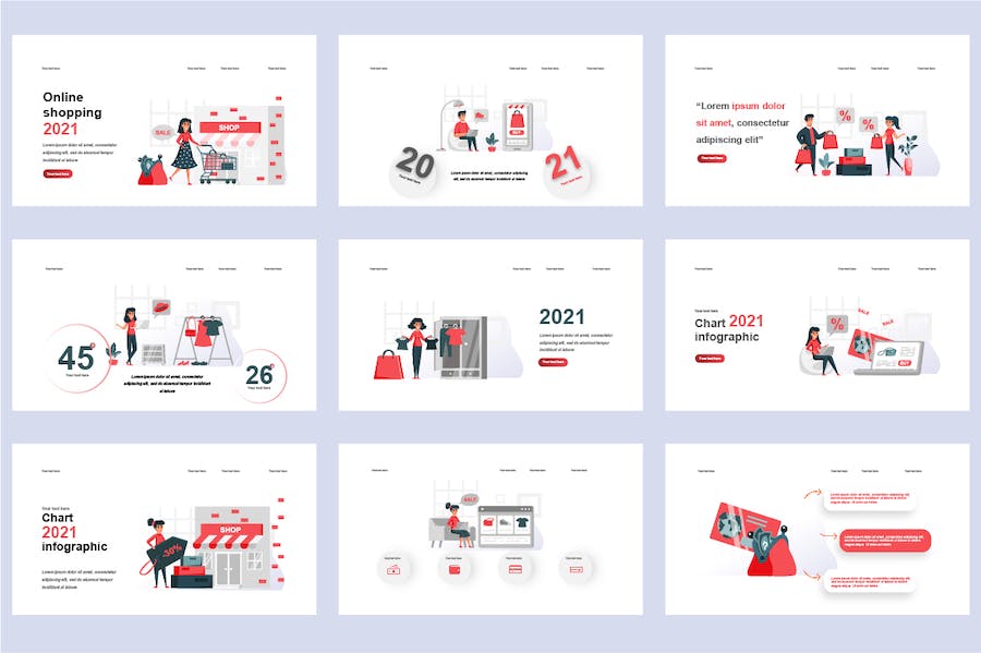 电商购物平台在线交易营销插画PPT模板 - 顶尖PPT