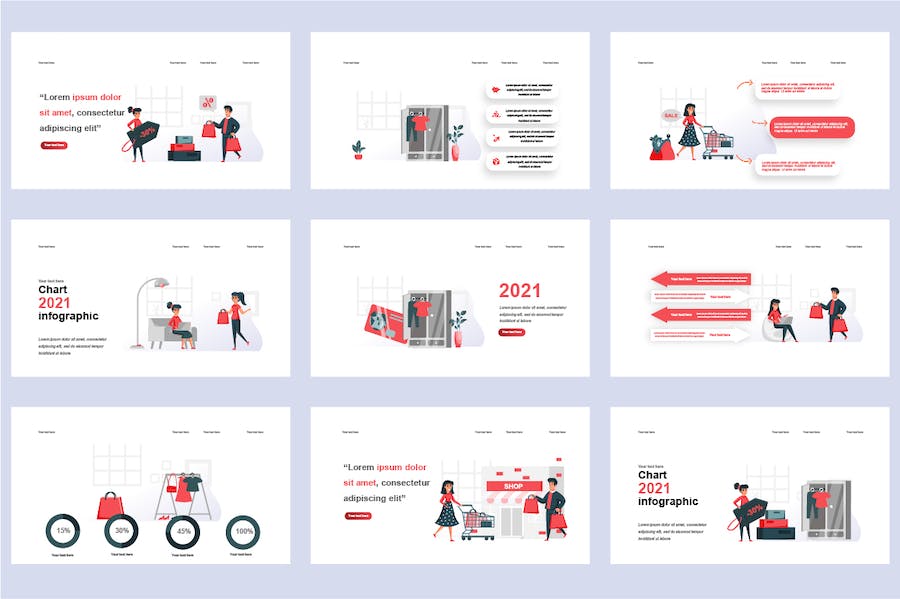 电商购物平台在线交易营销插画PPT模板 - 顶尖PPT