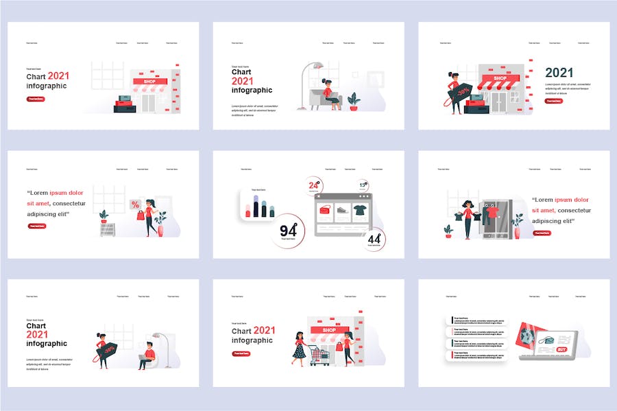 电商购物平台在线交易营销插画PPT模板 - 顶尖PPT