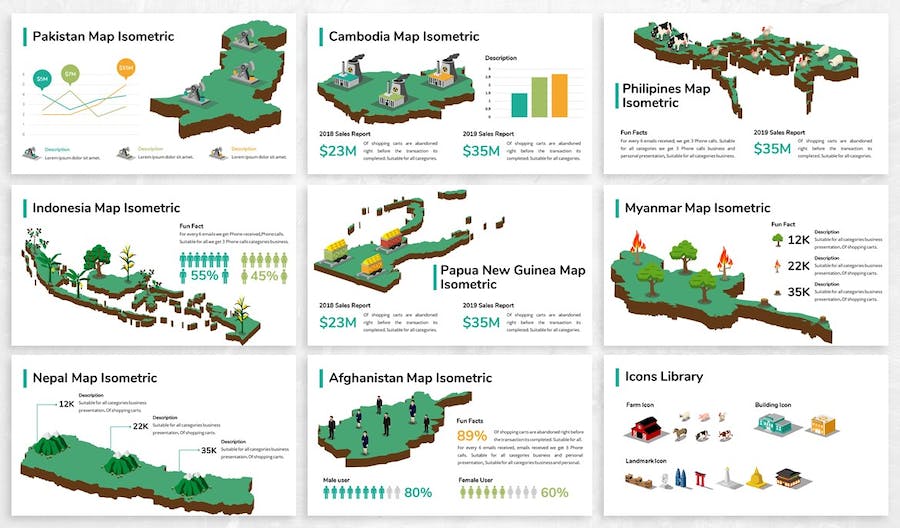 3D立体风格亚洲各国地图及特色展示keynote模板 - 顶尖PPT