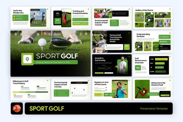 绿色动感高尔夫运动主题PowerPoint模板 - 顶尖PPT