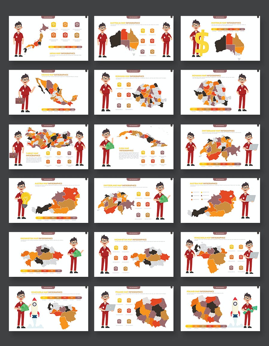 卡通人物介绍世界地图PPT全球各个国家地图及省份地图图形PPT模板 - 顶尖PPT