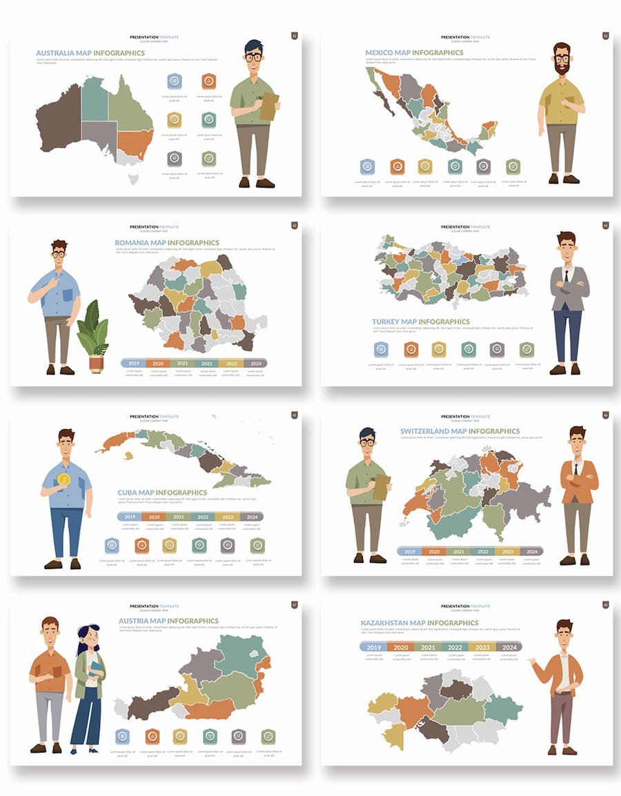 人物插画世界各国地图keynote动画模板 - 顶尖PPT