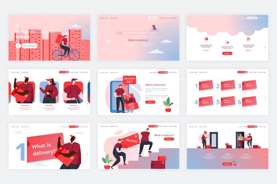 快递外卖行业数据分析人物场景矢量插画PPT模板 - 顶尖PPT