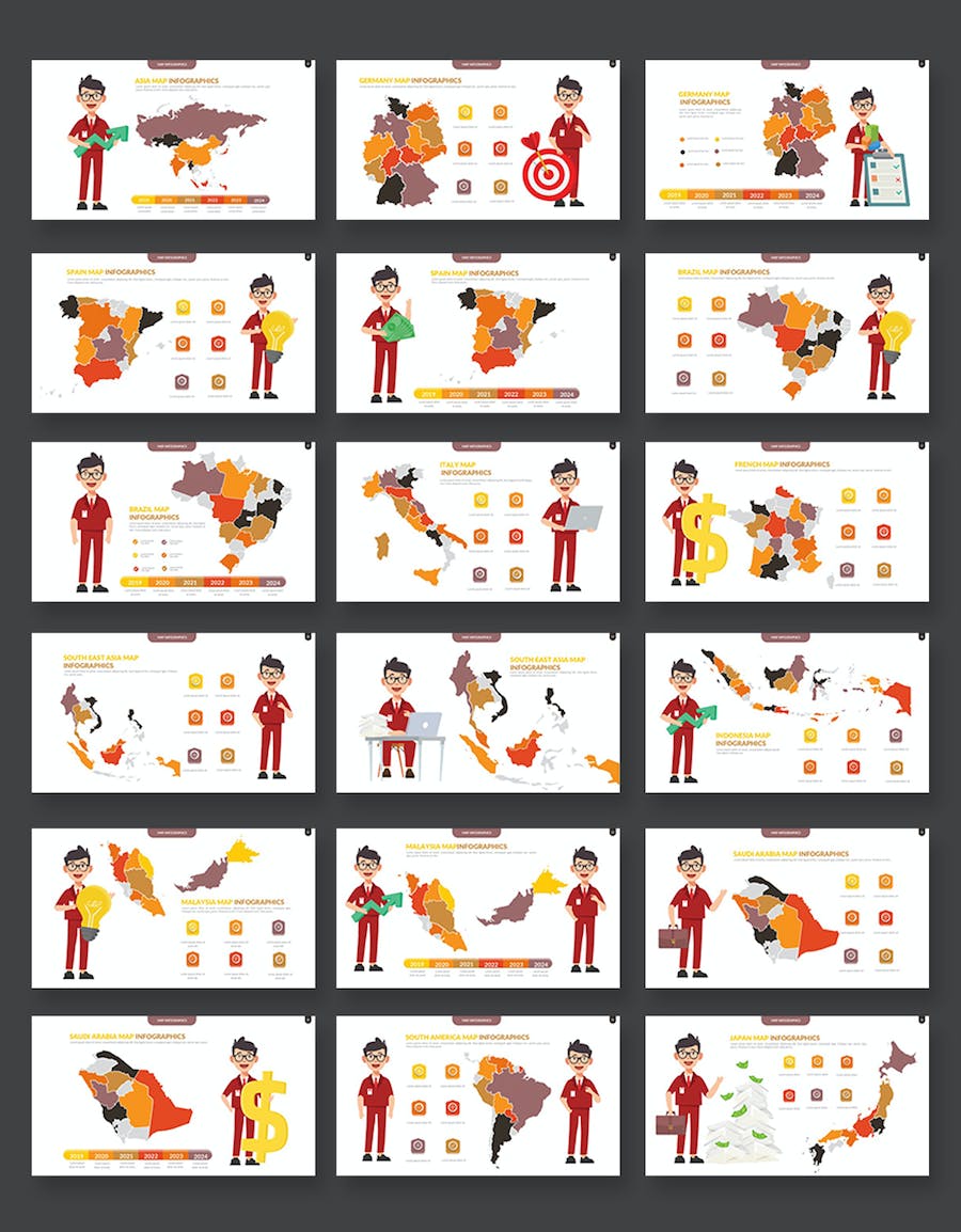 卡通人物介绍世界地图PPT全球各个国家地图及省份地图图形PPT模板 - 顶尖PPT