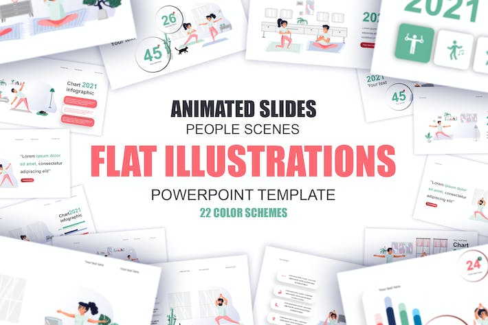 瑜伽人物动作卡通平面插图PPT模板 - 顶尖PPT