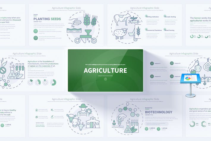 农业种植蔬菜养殖家畜农业杀虫概念插画keynote模板 - 顶尖PPT