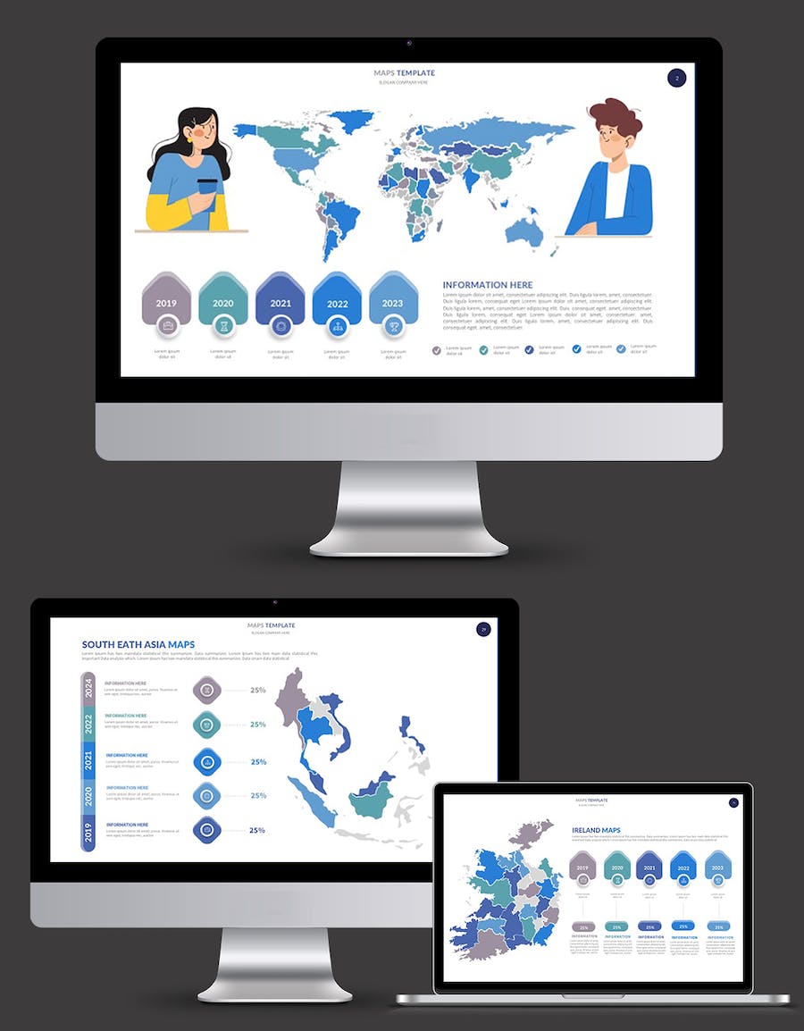 蓝色世界各个国家地图keynote模板 - 顶尖PPT