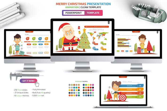 创业卡通圣诞老人圣诞节场景插画数据图形ppt模板 - 顶尖PPT