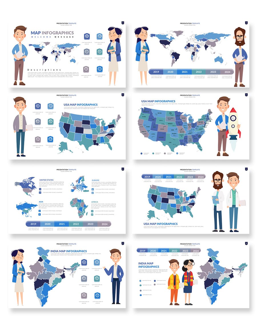 卡通人物插画世界国家地图keynote模板 - 顶尖PPT