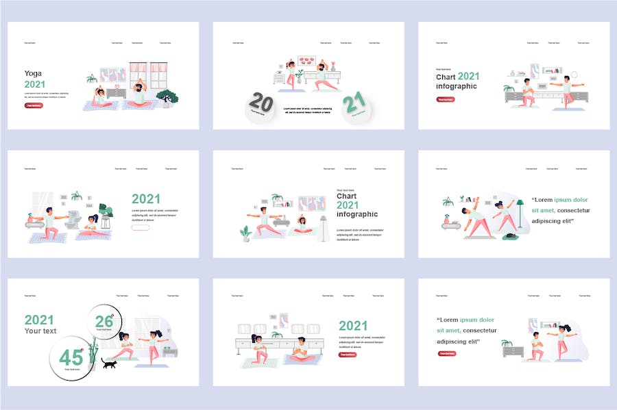 瑜伽人物动作卡通平面插图PPT模板 - 顶尖PPT